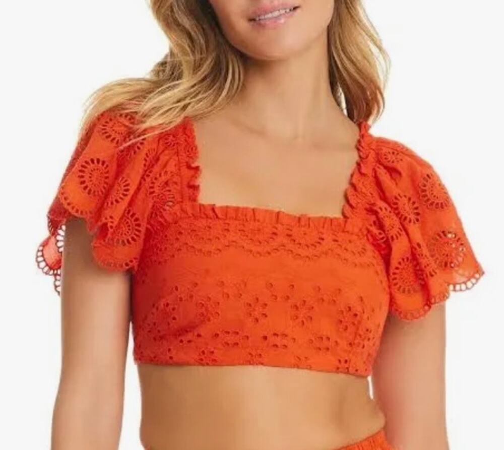 Red Carter Scorching Red Eyelet Flutter Sleeve Cotton Cover Up Top S NWT